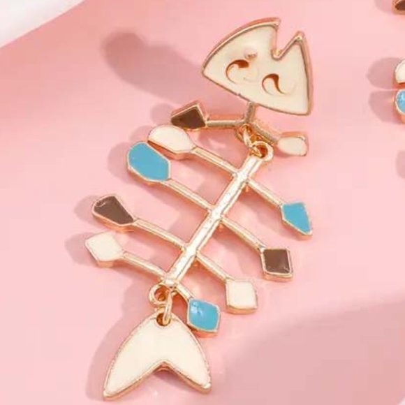 SO COOL RETICULATED FISH SKELETON BONES DANGLY EARRINGS 50 - Picture 3 of 3